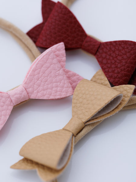 Set of 3 Leather Bow Nylon Headbands - Pink, Cream, Maroon