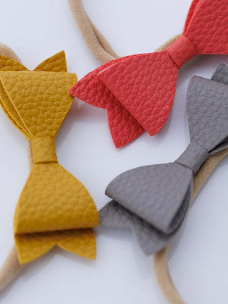 Set of 3 Leather Bow Nylon Headbands - Yellow, Grey, Peach