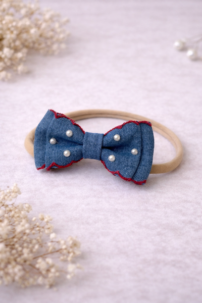 Red Border Pearl Denim Headband – Blue