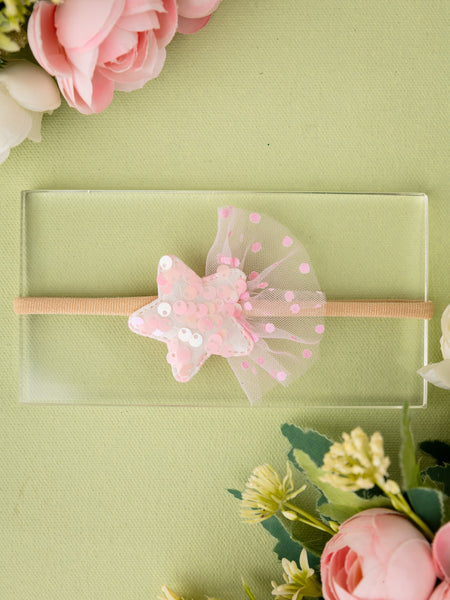 Sequined Embellished Tulle Star Kids Headband- Light Pink