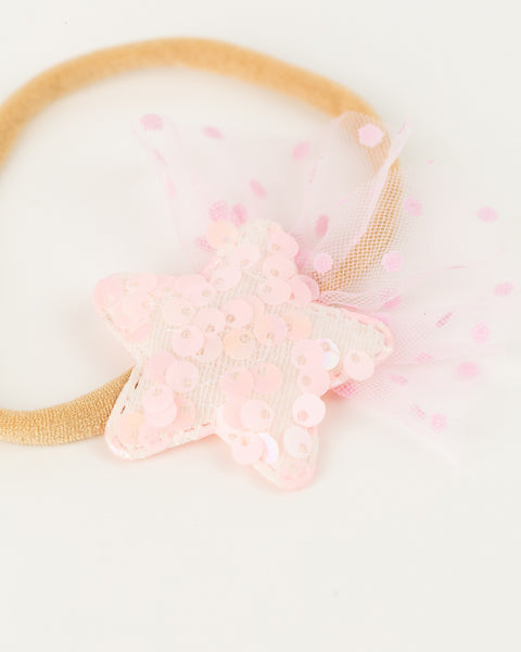 Sequined Embellished Tulle Star Kids Headband- Light Pink