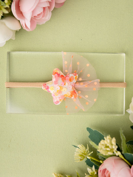 Sequined Embellished Tulle Star Kids Headband- Orange