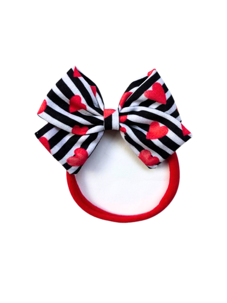 Stripe and Hearts Bow Headband- Red
