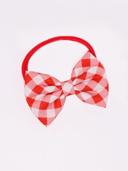 Christmas Checked Christmas Bow Headband- Red & White