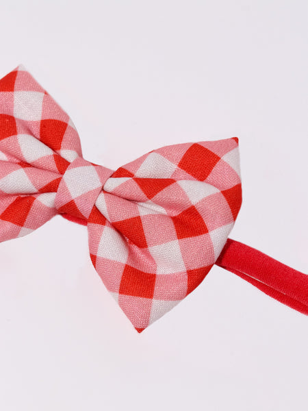 Christmas Checked Christmas Bow Headband- Red & White