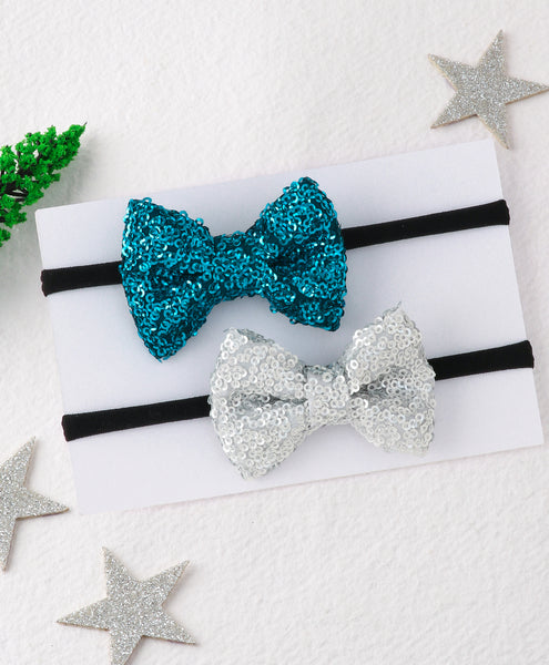Sequin Party Bow Headband Set - Blue & Silver