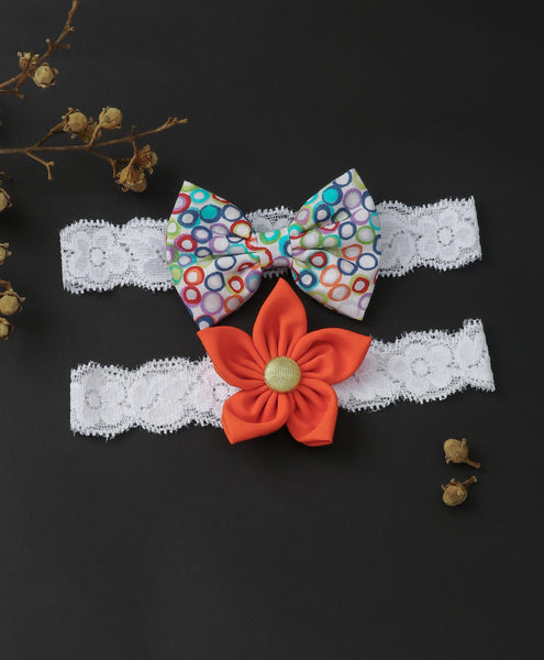 Flower & Bow Hairband Set - Multi Colored & Orange