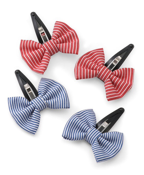 Striped Tiny Bow Hair Clip Set - Red & Blue