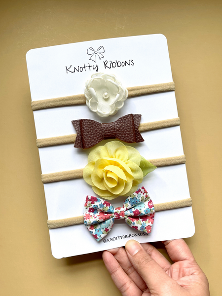 Flower & Floral Bow Headband Set- White, Brown & Yellow
