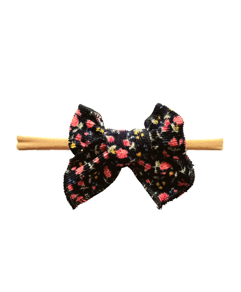 Floral Corduroy Knot Bow Nylon Headband - Black
