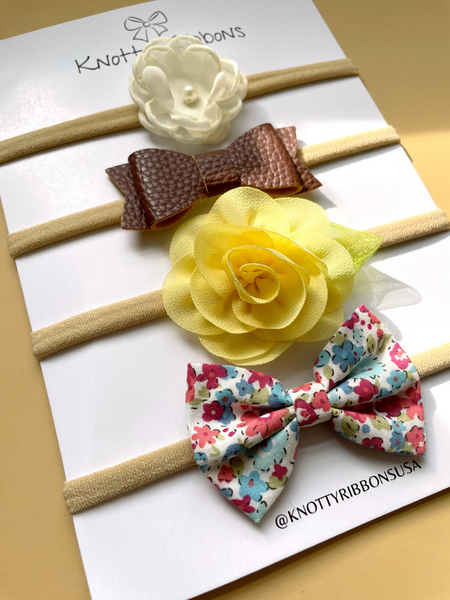 Flower & Floral Bow Headband Set- White, Brown & Yellow