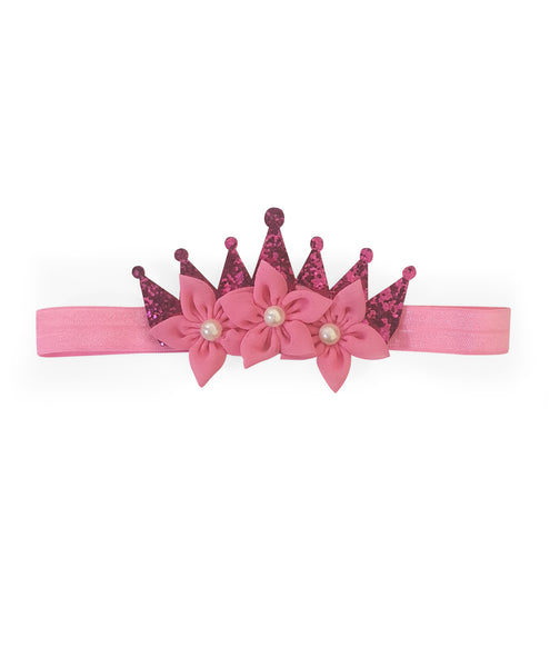 Shimmery Crown & Flower Headband - Light Pink