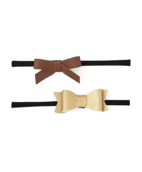 Leather Bow & Knot Headband Set - Brown & Golden