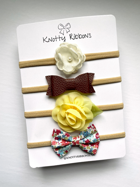 Flower & Floral Bow Headband Set- White, Brown & Yellow