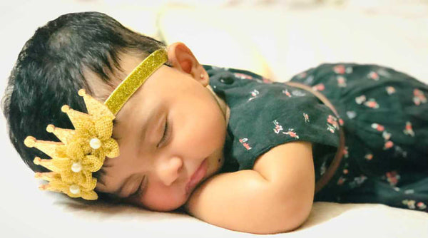 Shimmery Crown & Flower Elasticated Headband - Golden