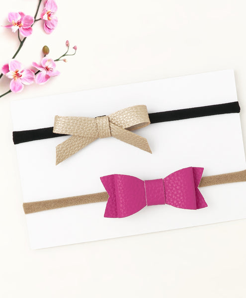 Leather Bow & Knot Headband Set - Golden & Dark Pink