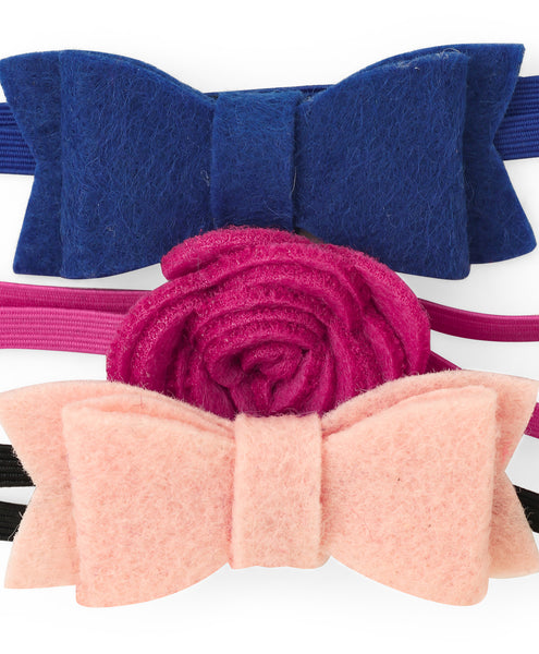 Rose & Bow Headband Set  - Dark Blue, Dark Pink & Peach