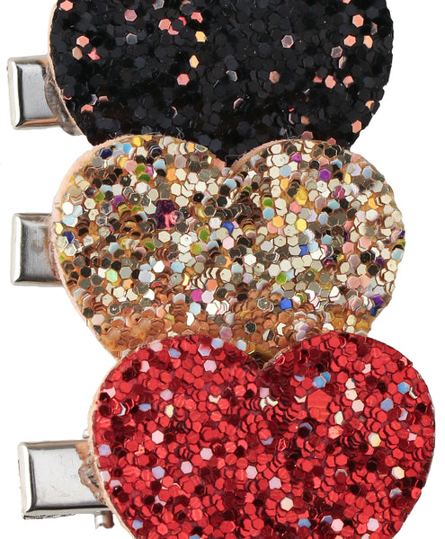 Glitter Heart Alligator Clip Set - Black, Golden & Red