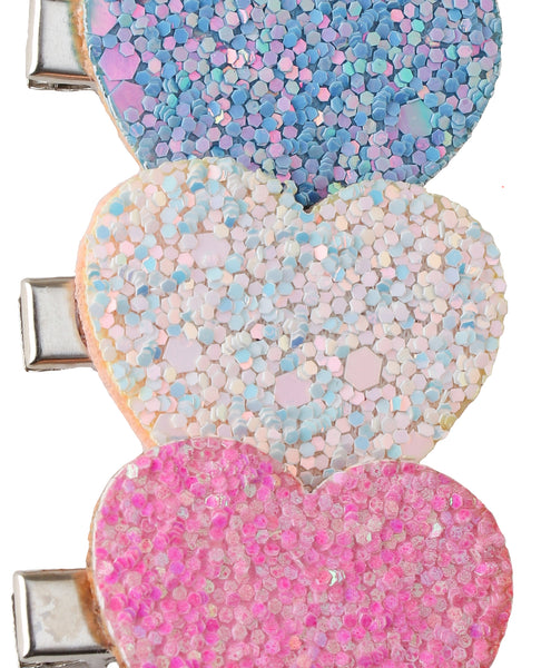 Glitter Heart Alligator Clip Set - Blue, White & Pink