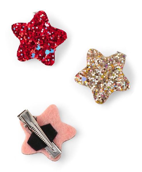 Glitter Star Alligator Clip Set - Red, Golden & Purple