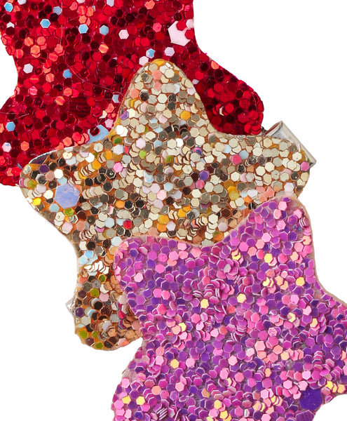 Glitter Star Alligator Clip Set - Red, Golden & Purple