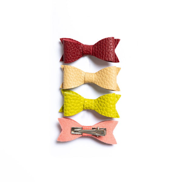 Petite Leather Mini Bow Hair Clip Set- Cranberry, Tan, Green & Coral