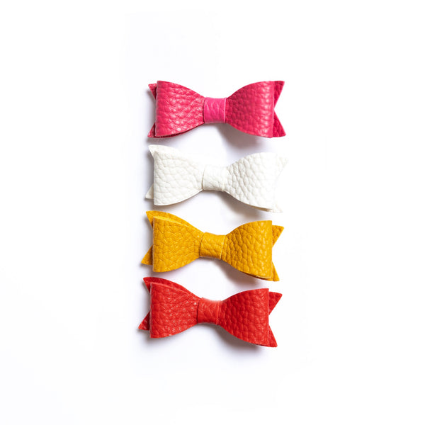Petite Leather Mini Bow Hair Clip Set- Barbie Pink, White, Mustard & Red