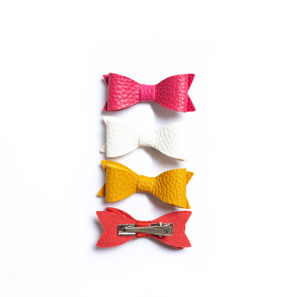 Petite Leather Mini Bow Hair Clip Set- Barbie Pink, White, Mustard & Red