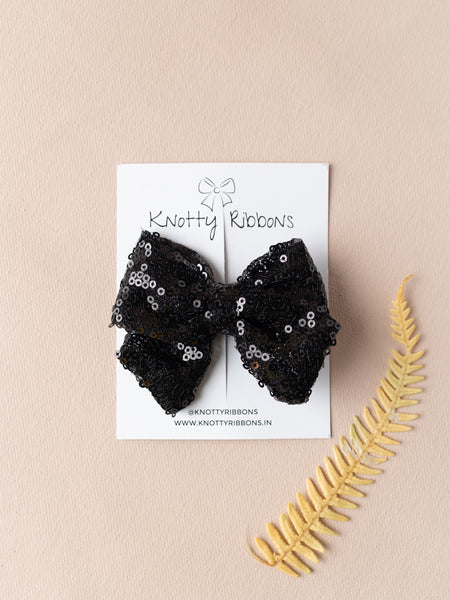 Sequined School Bow Alligator Hair Clip- Black