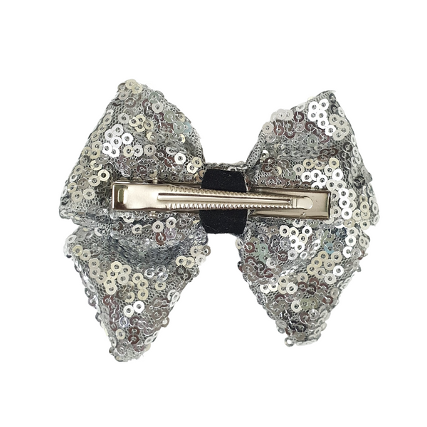 Sequined School Bow Alligator Hair Clip- Silver
