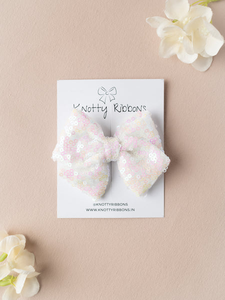 Sequined School Bow Alligator Hair Clip- White