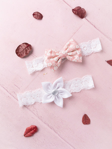 Flower & Bow Hairband Set - Peach & White