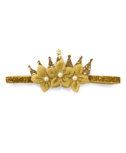 Shimmery Crown & Flower Elasticated Headband - Golden
