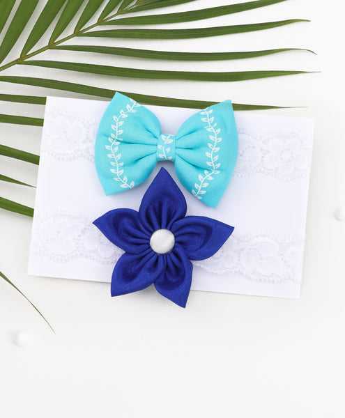 Flower & Bow Hairband Set - Blue