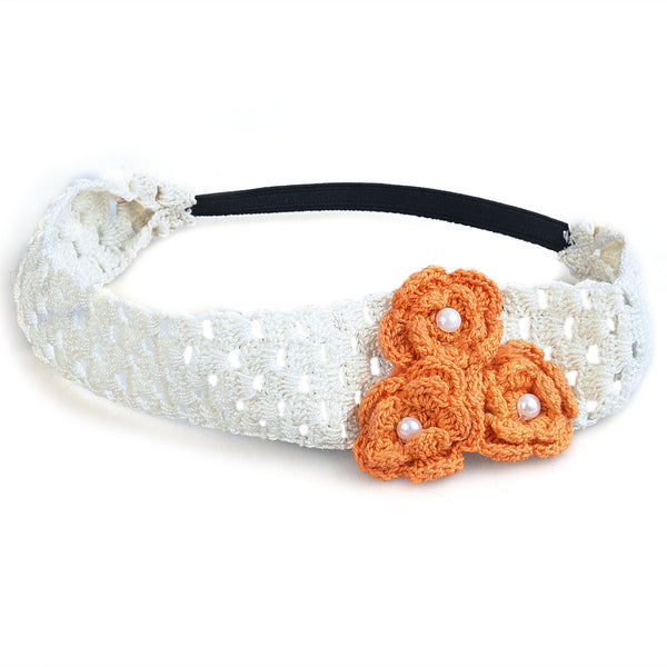 Handmade Crochet Headband With Crochet Flowers - Orange