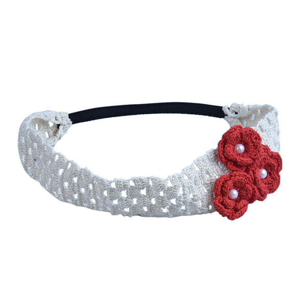 Handmade Crochet Headband With Crochet Flowers - Red