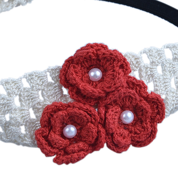 Handmade Crochet Headband With Crochet Flowers - Red