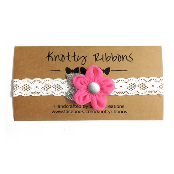 Glitter Flower & Bow Hairband Set - Light Pink & Dark Blue
