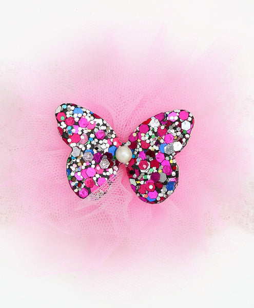 Glitter Butterfly on Pom Pom Headband - Light Pink