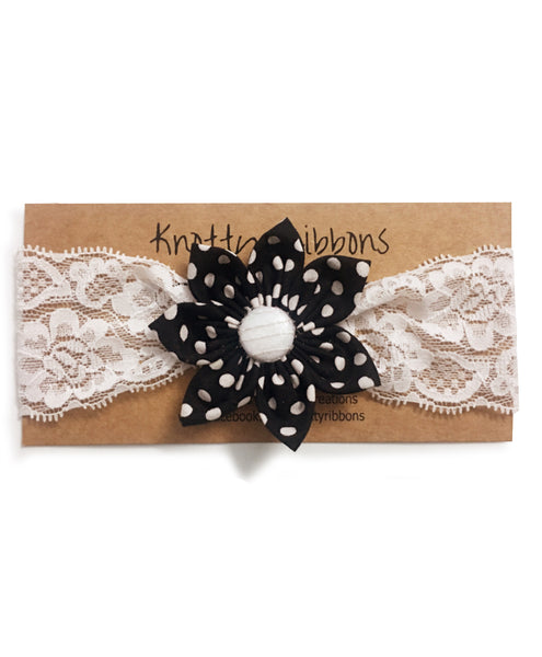 Polka Dots Big Flower Headband - Black