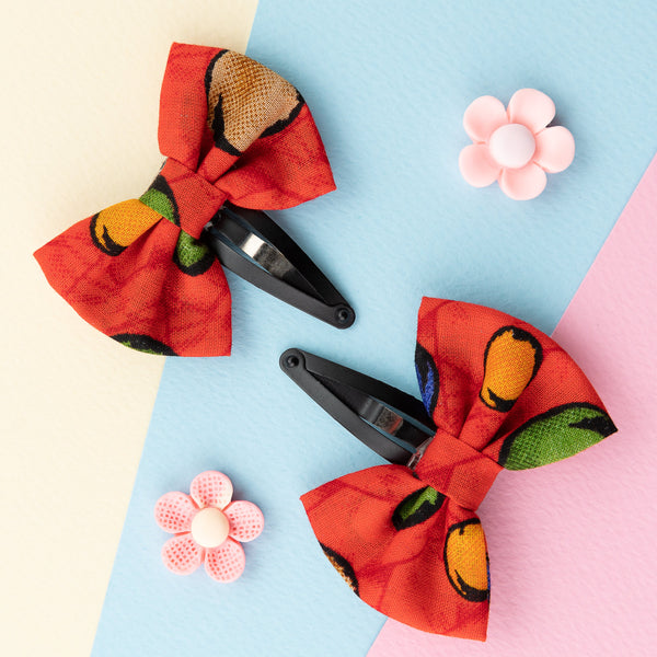 Floral Bow Hair Clip Set- Red