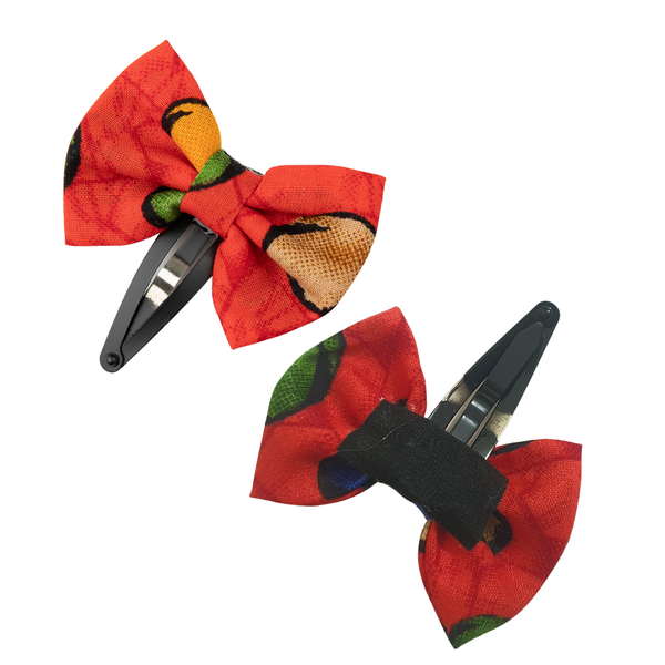 Floral Bow Hair Clip Set- Red