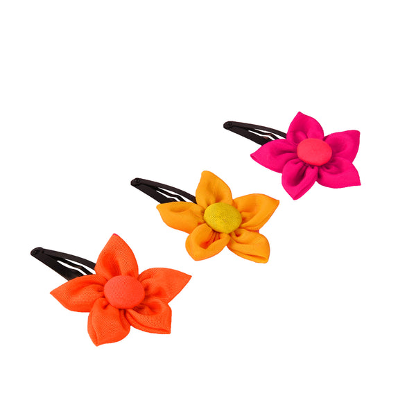 Handmade Flower Hair Clips Set - Pink Orange & Yellow