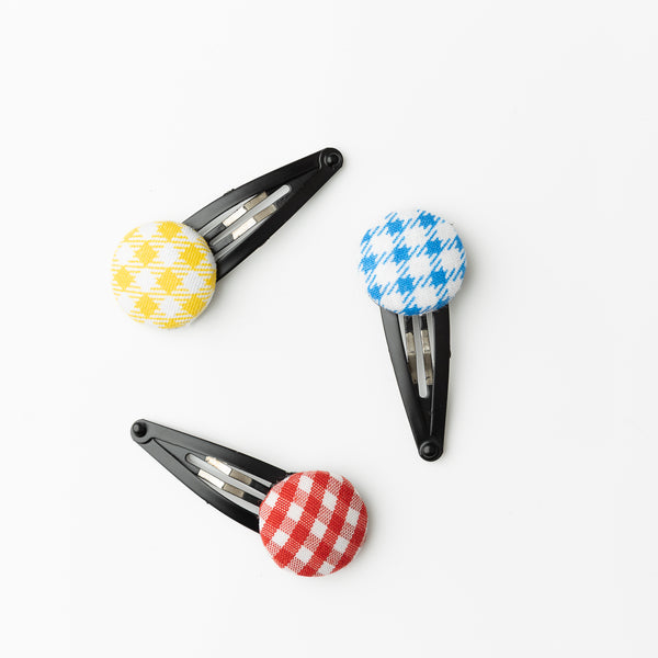Checkered Button Hair Clip Set- Blue, Yellow & Red