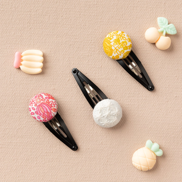 Floral Button Hair Clip Set- Pink, Yellow & White