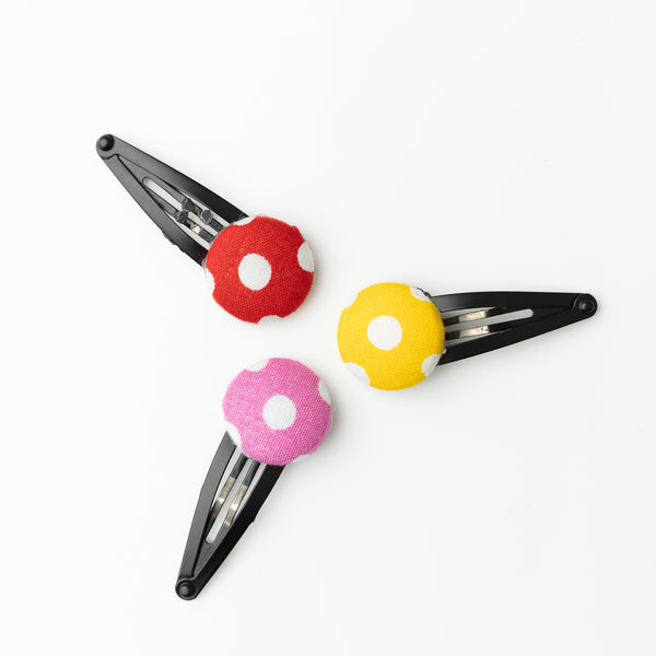 Polka Dots Button Hair Clip Set- Pink, Yellow & Red