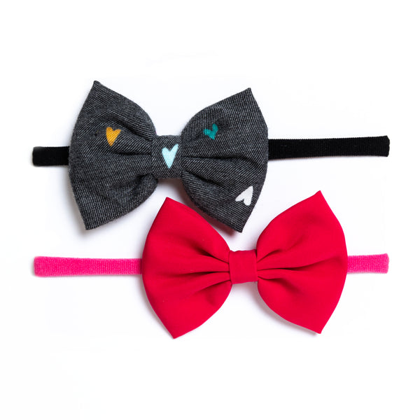 Heart Bow Headband Set - Pink & Gray