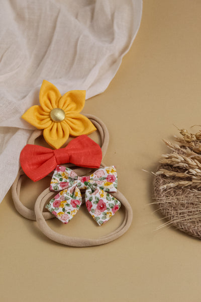 Flower & Bow Headband Set - Yellow & Orange