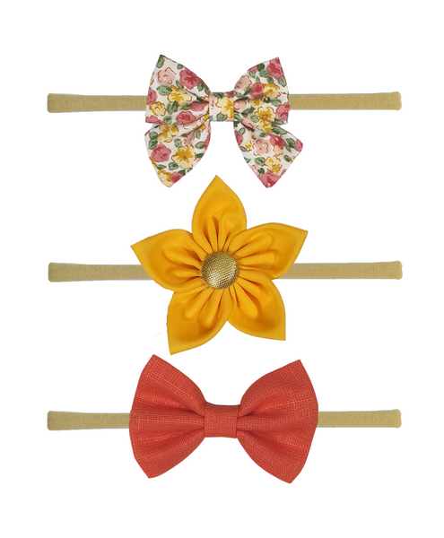 Flower & Bow Headband Set - Yellow & Orange