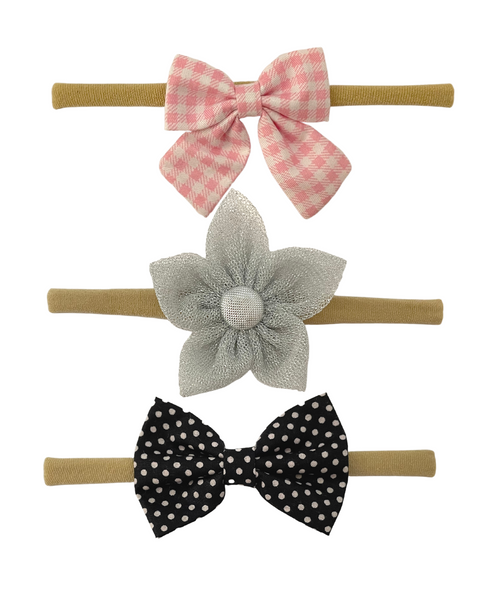Flower & Bow Headband Set - Light Pink, Silver & Black